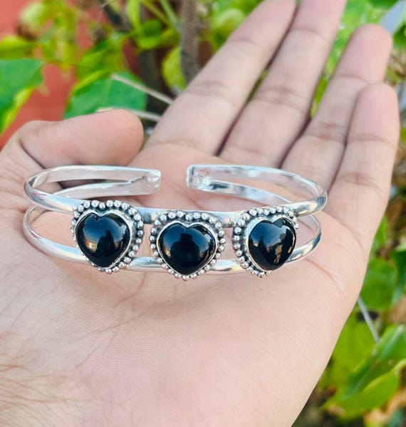 Heat Shape Black Onyx Bangle, 925 Sterling Silver, Adjustable Bangle, Handmade Jewelry, Women Gift