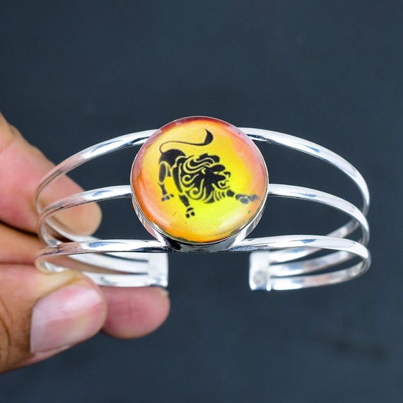 Onyx Leo Zodiac Cuff Bracelet: 925 Sterling Silver Adjustable Bangle