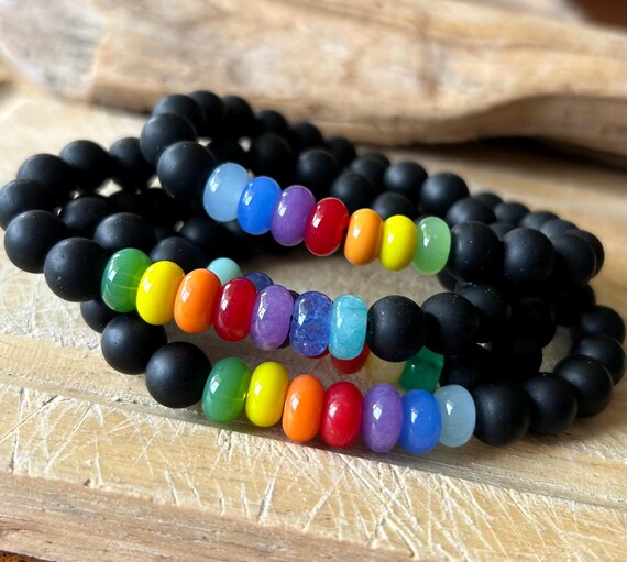 Lgbtq Onyx Bracelet, Gemstone 8mm Lgbtq Rainbow Pride Bracelets, Rainbow Stretch Bracelet, Gemstone Black Onyx Bracelet, Lgbtq Jewelry