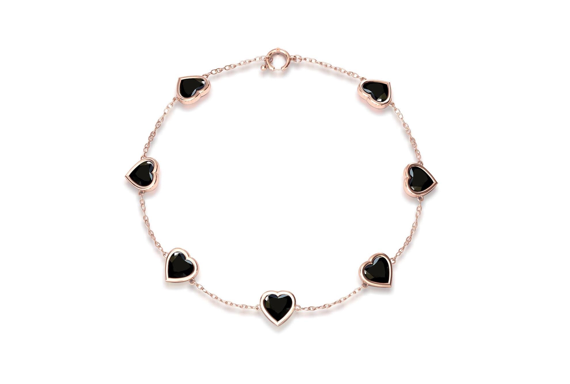 Natural Black Onyx Bracelet 925 Sterling Onyx Bracelet Bezel Set Heart Bracelet Minimalist Gold Chain Bracelet Dainty Heart Charm Bracelet