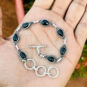 Natural Black Onyx Bracelet, 925 Sterling Silver, Adjustable Bracelet, Unisex Jewelry