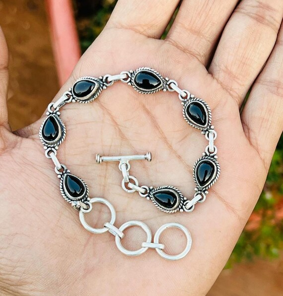 Natural Black Onyx Bracelet, 925 Sterling Silver, Adjustable Bracelet, Unisex Jewelry