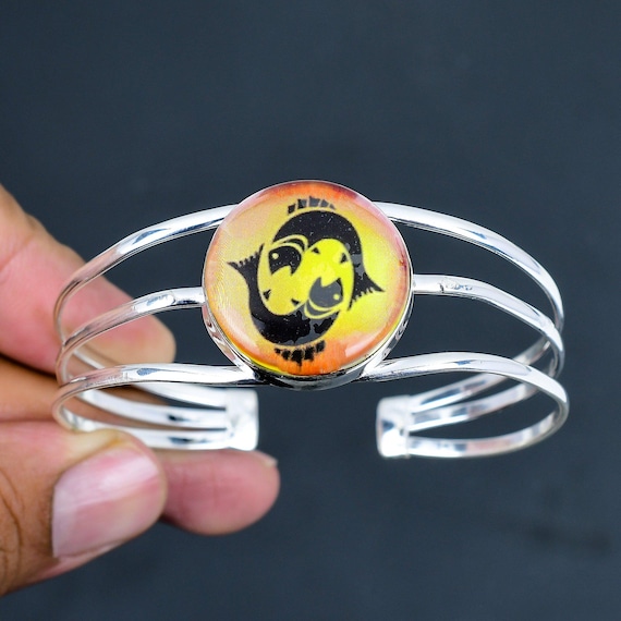 Pisces Onyx Cuff Bracelet: Sterling Silver Zodiac Bangle