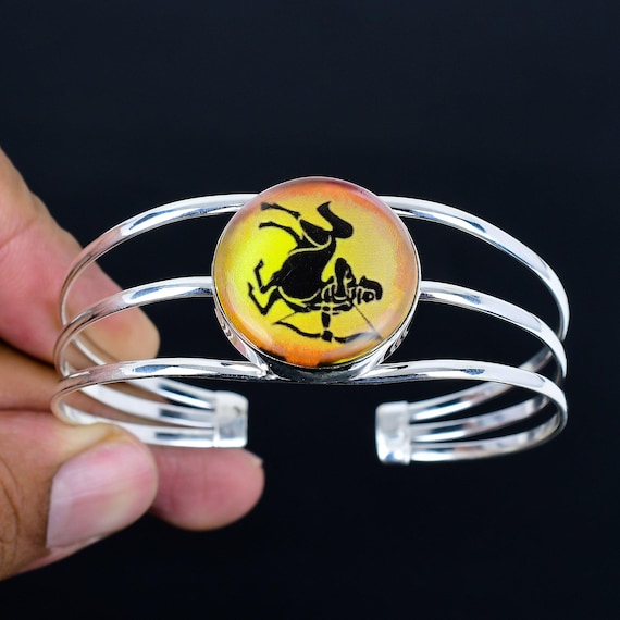 Sterling Silver Sagittarius Bangle, Onyx Gemstone Cuff, Adjustable Horoscope Jewelry