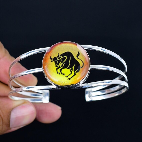 Taurus Zodiac Cuff Bracelet, Onyx Astrology Bangle, 925 Sterling Silver