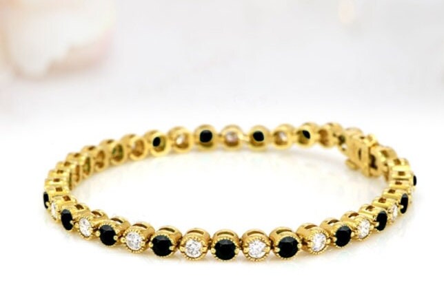 Yellow Gold Black Onyx Bracelet For Women Tennis Bracelet Anniversary Bracelet Natural Black Onyx Bracelet For Women Engagement Bracelet