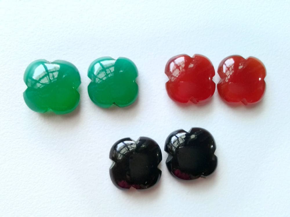 15mm Multi Color Onyx Fancy Clover Shape Cabochons, 6 Pcs Multi Onyx Flower Flat Back Plain Stones, Matched Pair For Jewelry - Ks5092