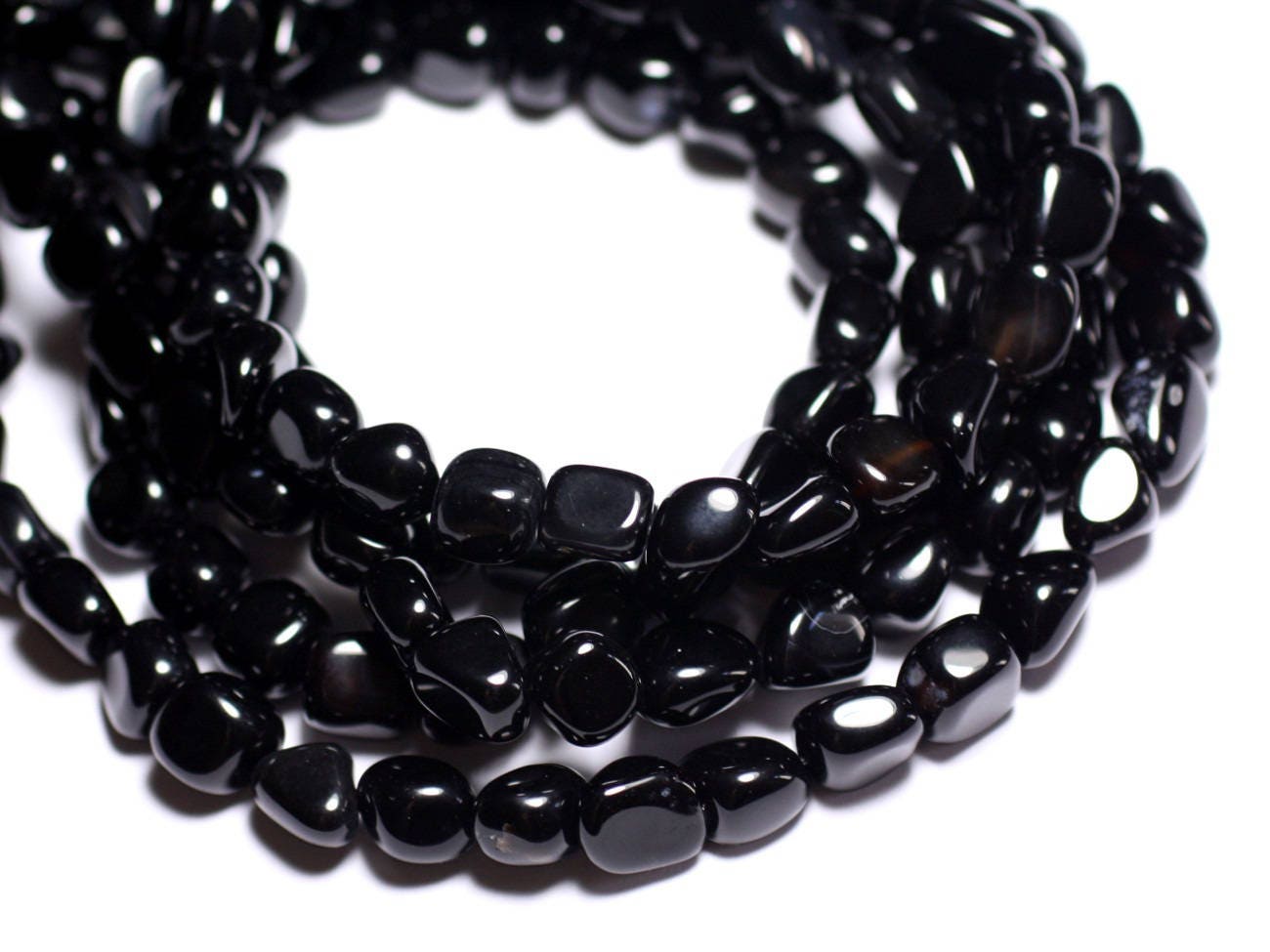 Fil 39cm 31pc Env - Perles Pierre - Onyx Noir Nuggets Olives Ovales 10-14mm Fil 39cm 31pc Env - Perles Pierre - Onyx Noir Nuggets Olives Ovales 10-14mm