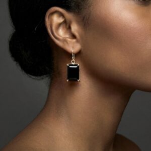 14k Gold Black Onyx Earrings • Vintage Rectangle Dangle Earrings