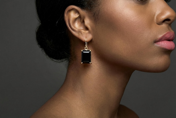 14k Gold Black Onyx Earrings • Vintage Rectangle Dangle Earrings 14k Gold Black Onyx Earrings • Vintage Rectangle Dangle Earrings