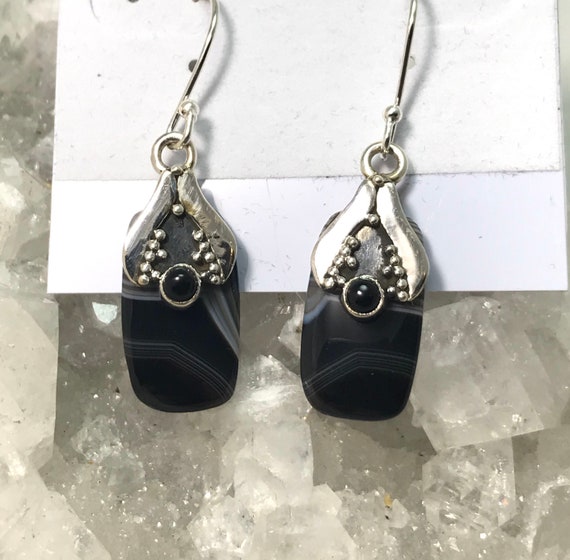 Black Banded Onyx Charm Earrings