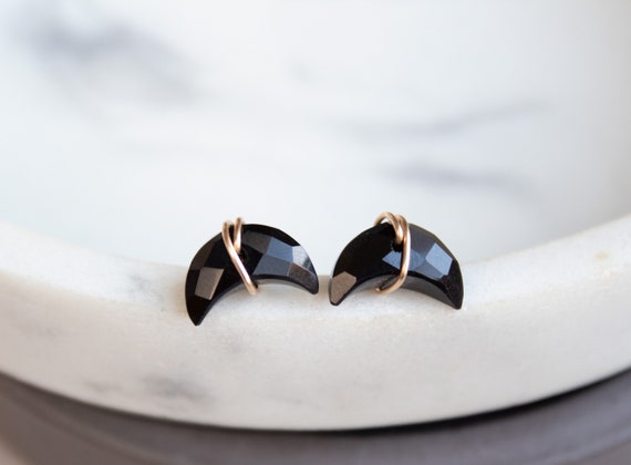 Black Onyx Stud Earrings, Black Moon Stud Earrings, Onyx Moon Earrings Studs, Crescent Moon Studs Gold Filled, Sterling Silver, Rose Gold