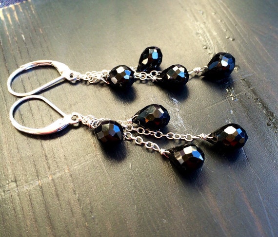 Black Onyx Teardrop Sterling Silver Cascade Earrings