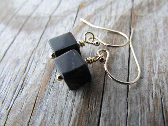 Onyx Cube Earrings: Small Gold-filled Dangle Earrings