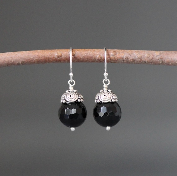 Onyx Dangle Earrings - Black Gemstone Earrings - Bali Silver Earrings - Black Onyx Earrings - Black And Silver Earrings