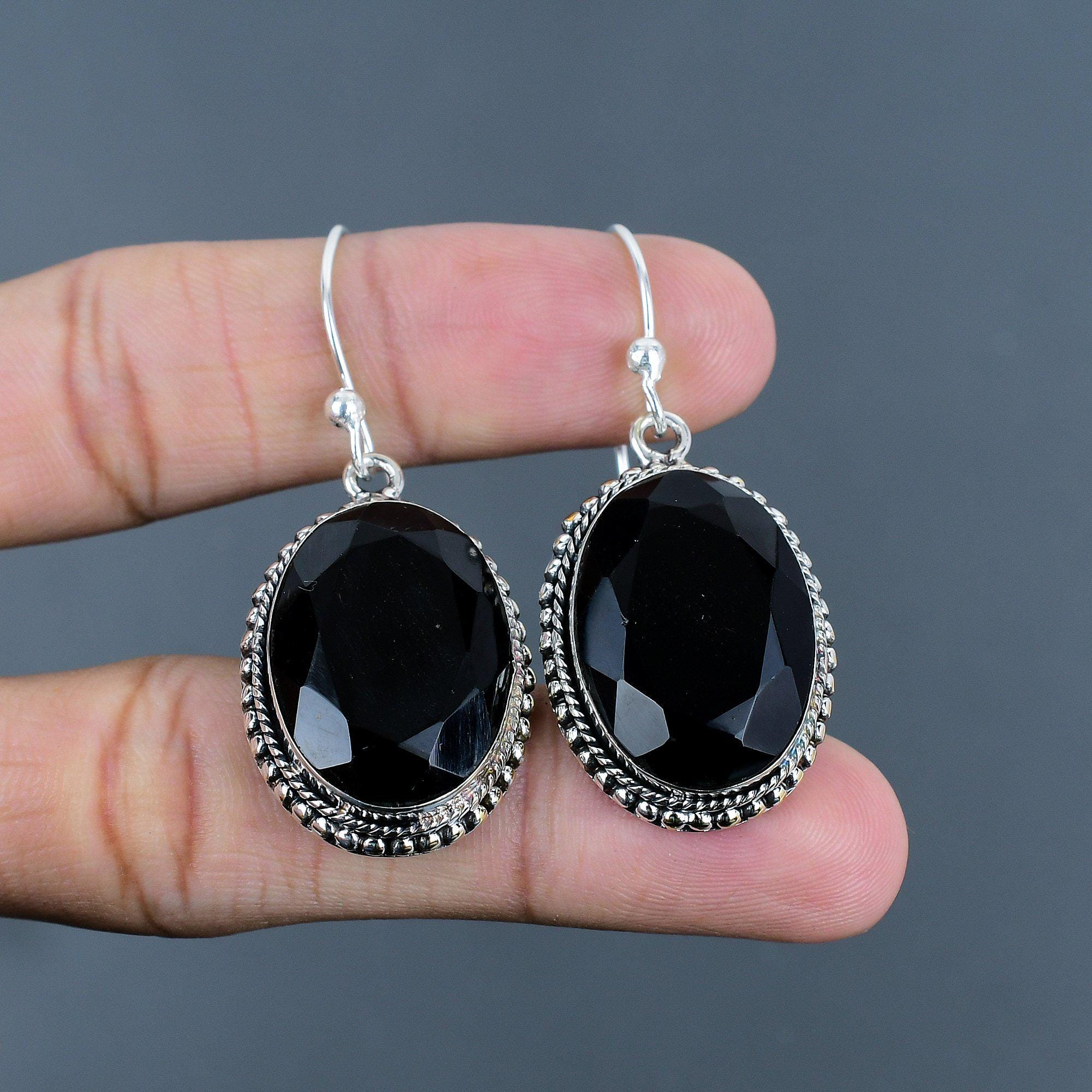 Faceted Black Onyx Earrings: Handmade 925 Sterling Silver Vintage Jewelry