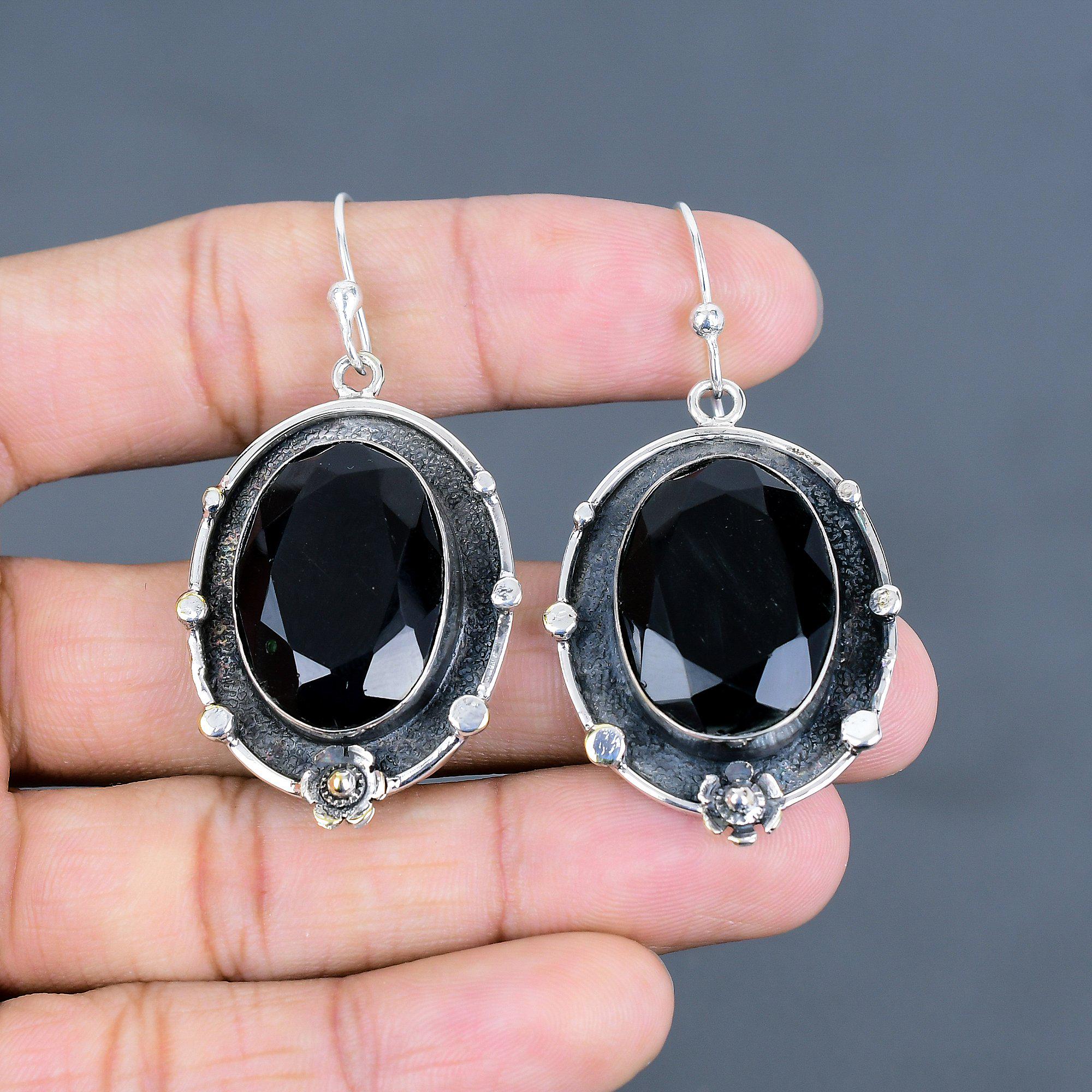 Faceted Black Onyx Earrings: Handmade 925 Sterling Silver