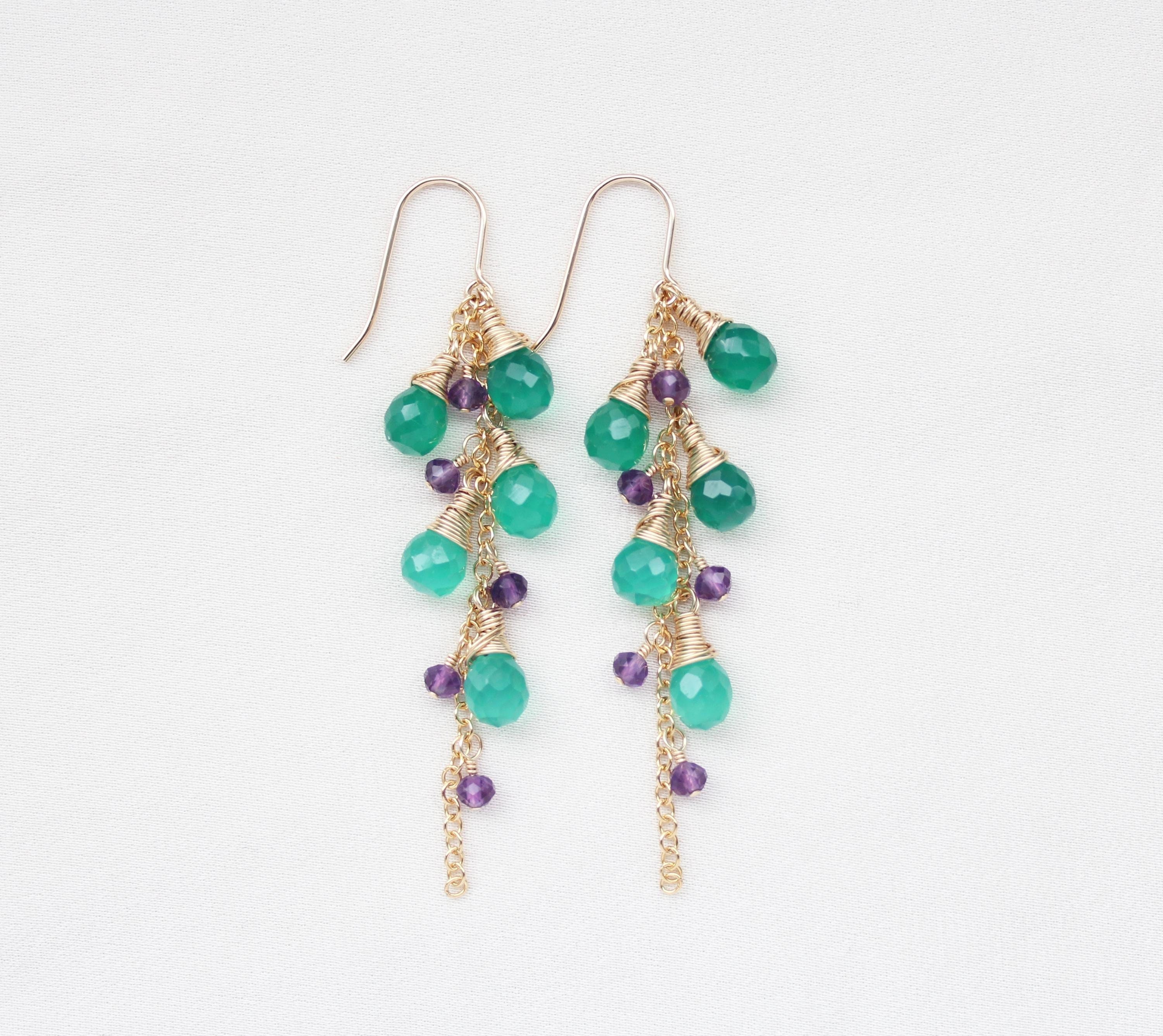 Green Onyx And Amethyst Earrings: 14k Gold Filled Cluster Earrings