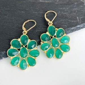 Green Onyx Flower Earrings, Emerald Green Flower Statement Drops in Gold, Large Floral Summer Jewelry, May Birthstone, Elegant Gift for Mom