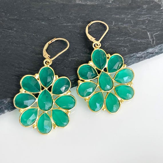 Green Onyx Flower Earrings, Emerald Green Flower Statement Drops In Gold, Large Floral Summer Jewelry, May Birthstone, Elegant Gift For Mom