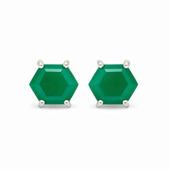 Green Onyx Hexagon Stud Earrings In 925 Sterling Silver, Geometric Faceted Gemstone Studs