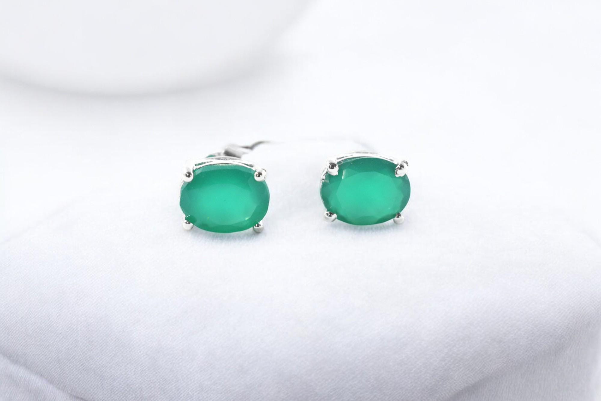 Green Onyx Sterling Silver Stud Earrings, Minimalist Gemstone Anniversary Gift Green Onyx Sterling Silver Stud Earrings, Minimalist Gemstone Anniversary Gift