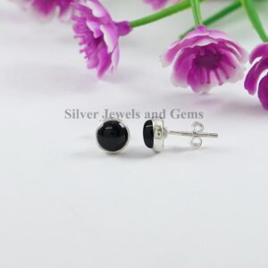 Round Black Onyx Stud Earrings, 925 Sterling Silver Studs, Tiny Onyx Studs, Anniversary Gift, December Birthstone, Handmade Studs
