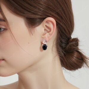 Vintage oval cut black onyx wedding stud earrings women solid rose gold nature inspired Leaf Anniversary earrings Jewelry gift for her