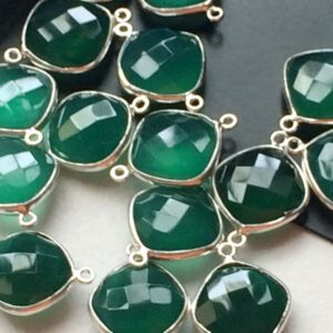 14-19mm Green Onyx Connectors, 5 Pcs Green Faceted Square Cushion Cut Double Loop 925 Silver Bezel Connectors, Onyx Finding - KRIS47
