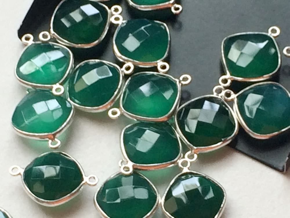 14-19mm Green Onyx Connectors, 5 Pcs Green Faceted Square Cushion Cut Double Loop 925 Silver Bezel Connectors, Onyx Finding - Kris47