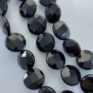 14mm Faceted Coin Black Onyx Gemstone Beads. 15” Strand Of Faceted Coin Shapes Black Onyx, About 29 Beads.