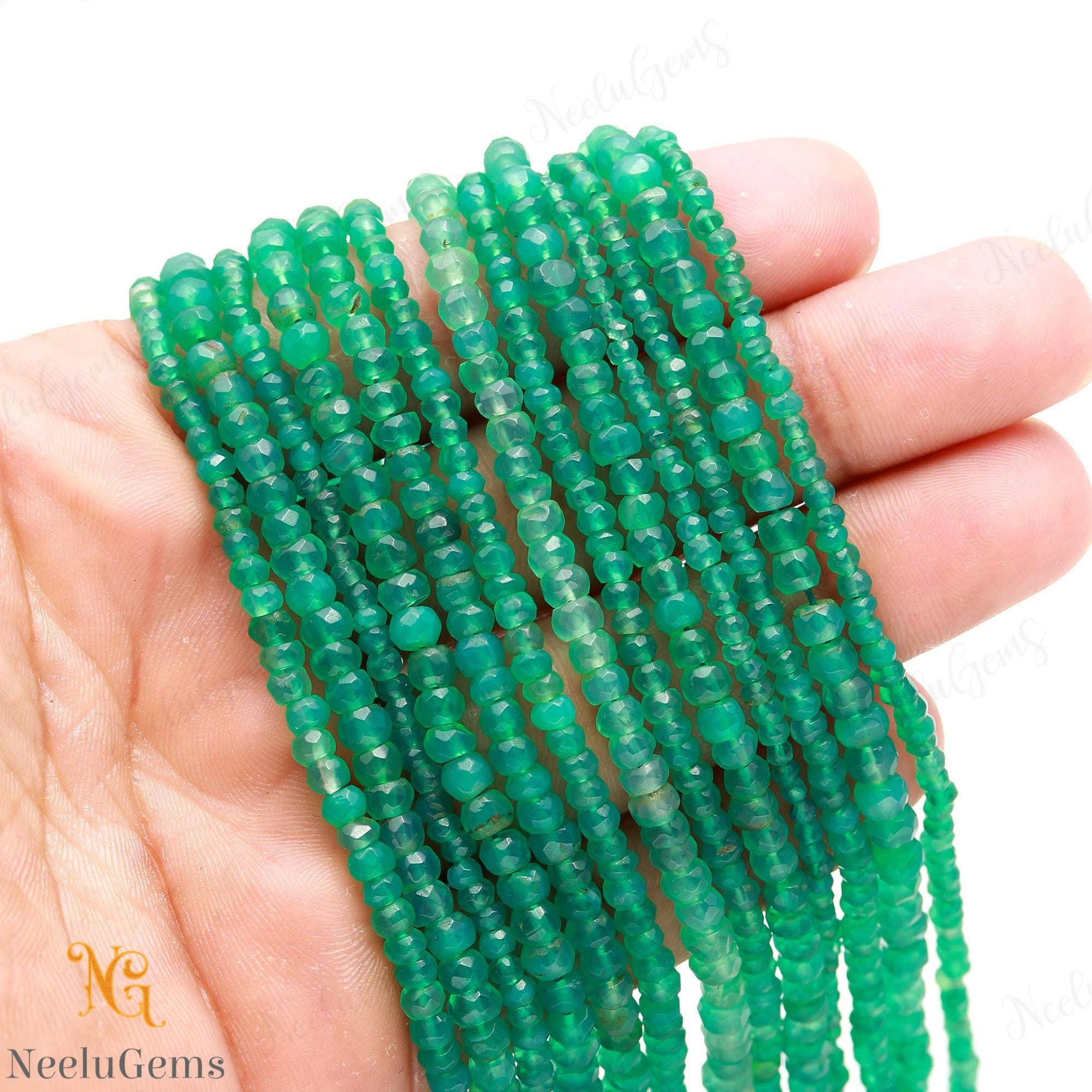 Aaa+ Green Onyx Faceted Rondelle Beads, 3-4 Mm Natural Green Onyx Indian Cut Beads, 13" Loose Gemstone Beads For Handmade Jewelry