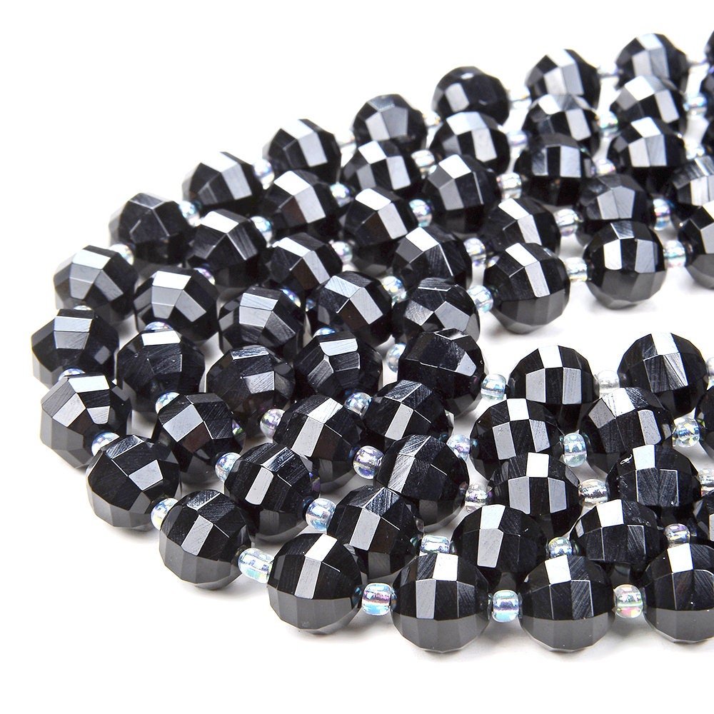 Black Onyx Gemstone Grade Aaa Faceted Lantern 8mm 10mm Loose Beads (d41)