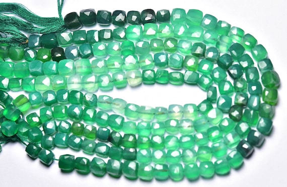 Green Onyx Box Beads - 8 Inches - Natural Super Quality Faceted Green Onyx Briolette - Size Is 5.5 - 6 Mm #2506