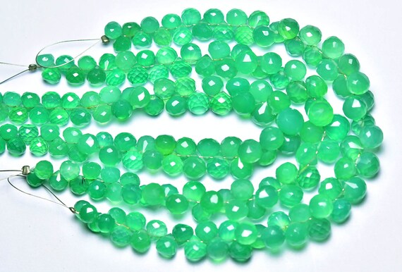 Green Onyx Onion Beads - 7 Inches - Natural Faceted Green Onyx Briolette - Size Is 5.5 - 7.5 Mm #2483