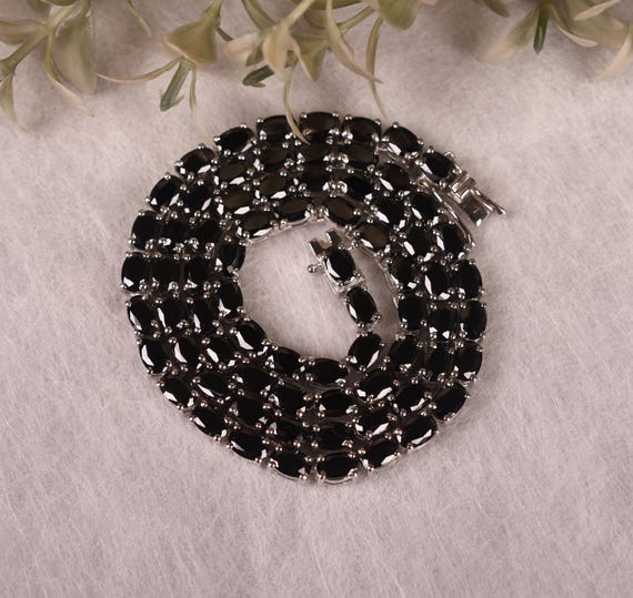 14k Gold Plated Black Onyx Tennis Necklace – Sterling Silver, Oval Gemstone