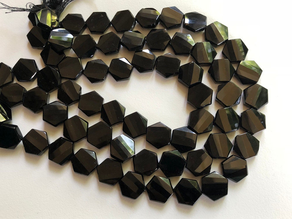 16mm Black Onyx Faceted Hexagon Beads, Natural Black Onyx Fancy Hexagon Beads, Black Onyx Necklace (6.5in To 13in Options) - Ang1