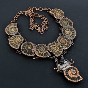 Ammonite Fossil Necklace: Electroformed Copper, Mother of Pearl & Black Onyx