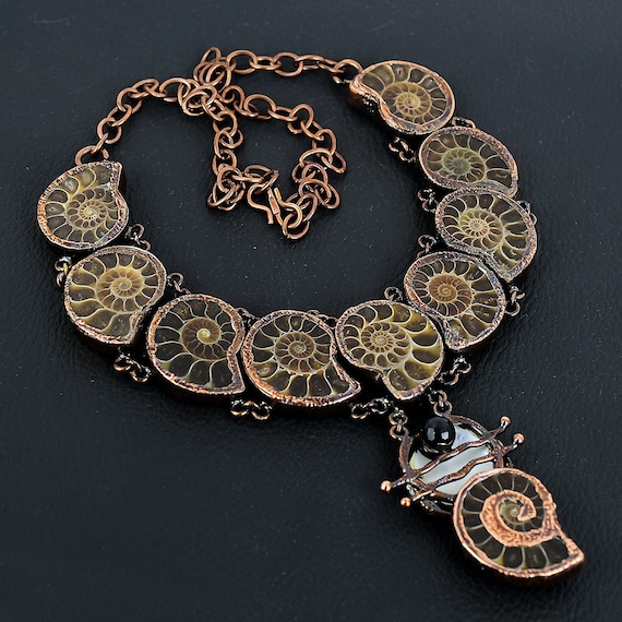 Ammonite Fossil Necklace: Electroformed Copper, Mother Of Pearl & Black Onyx