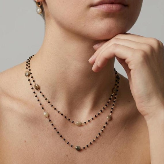 Black Onyx And Green Tiger's Eye Necklace, Black And Green Long Beaded Necklace In Gold Or Silver, Onyx Layering Jewelry, Gift For Women