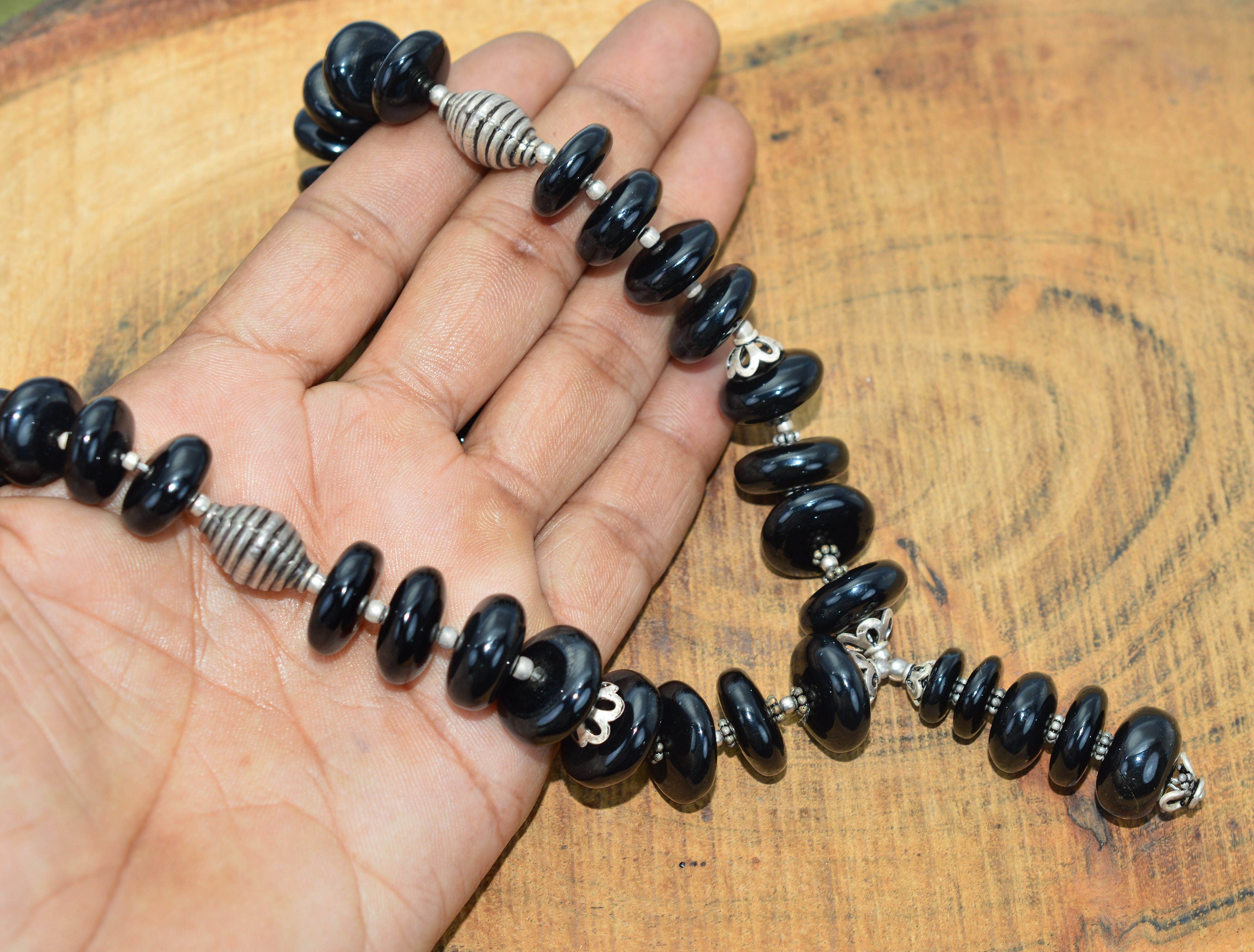 Black Onyx Beaded 925 Sterling Silver Necklace ~ Beaded Jewelry