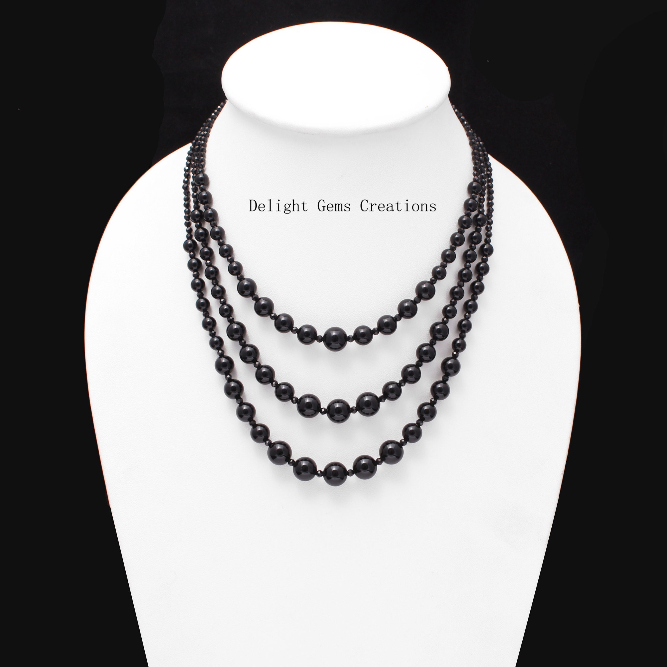 Black Onyx Multi Strand Beaded Necklace, Aaa Gemstone