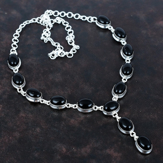 Black Onyx Sterling Silver Necklace, Handmade Adjustable Gemstone Jewelry