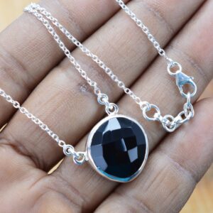 Black Onyx Sterling Silver Necklace: Faceted Gemstone Chain Necklace