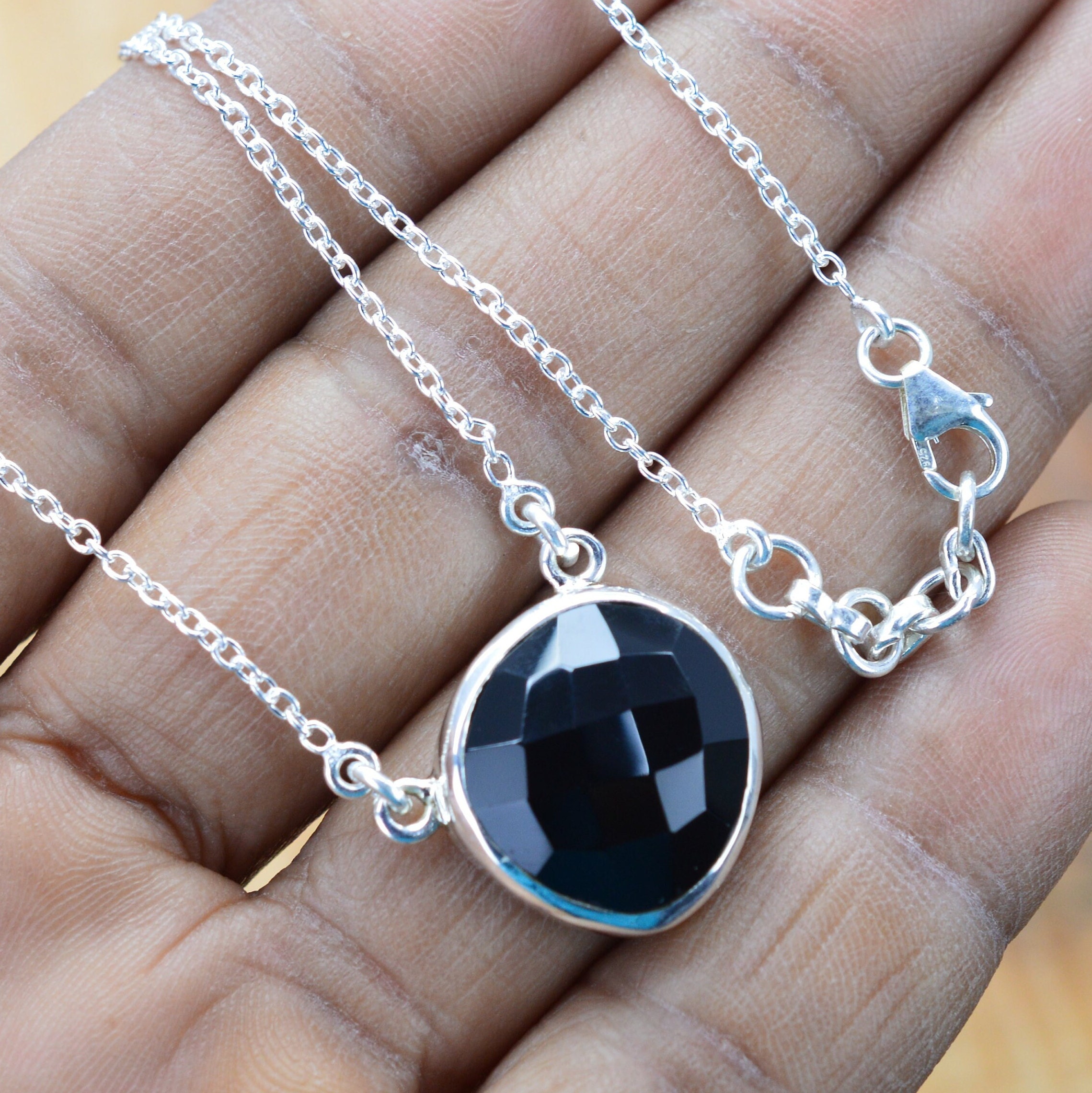 Black Onyx Sterling Silver Necklace: Faceted Gemstone Chain Necklace