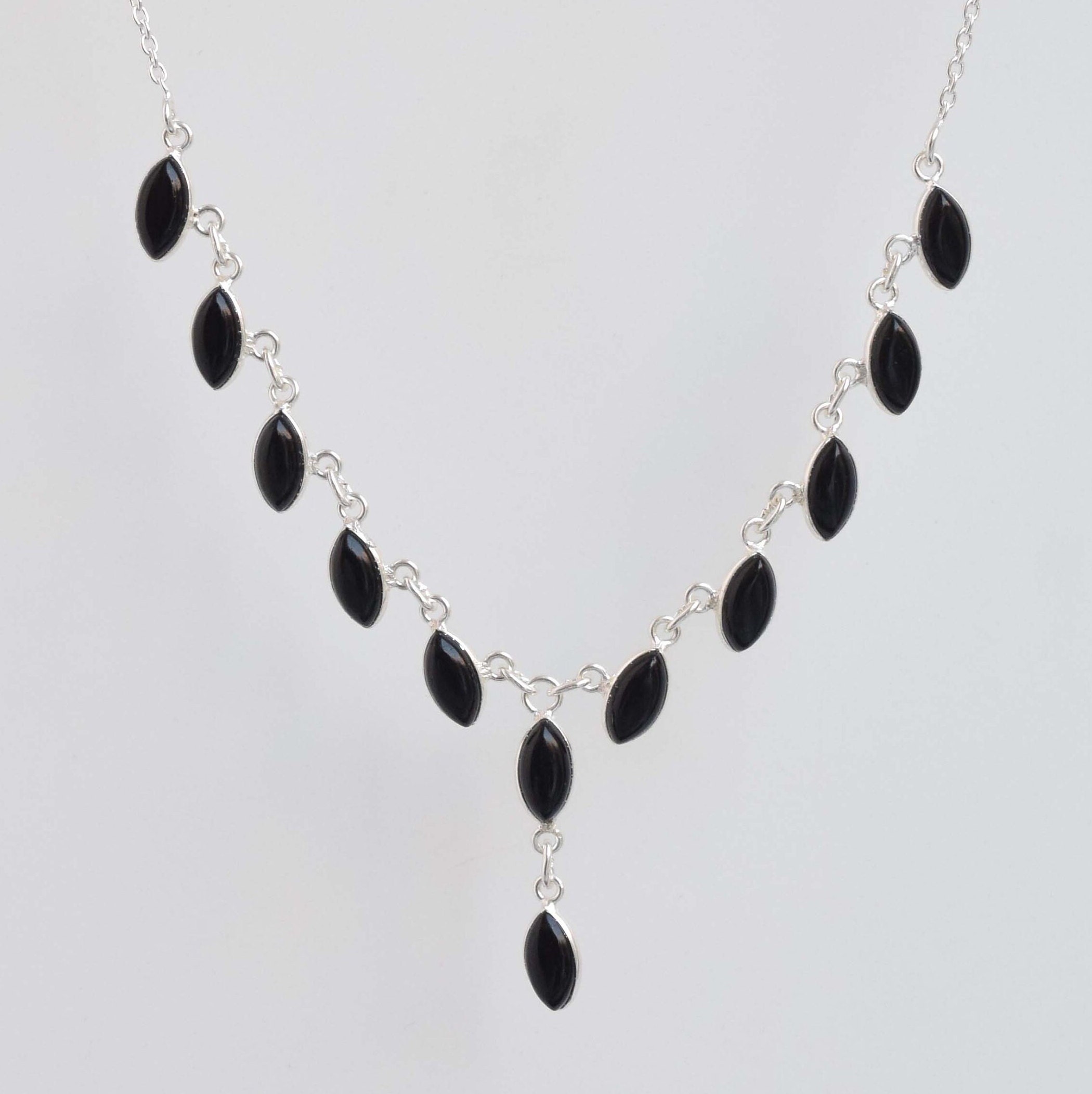 Black Onyx Sterling Silver Necklace: Marquise Gemstone Chain