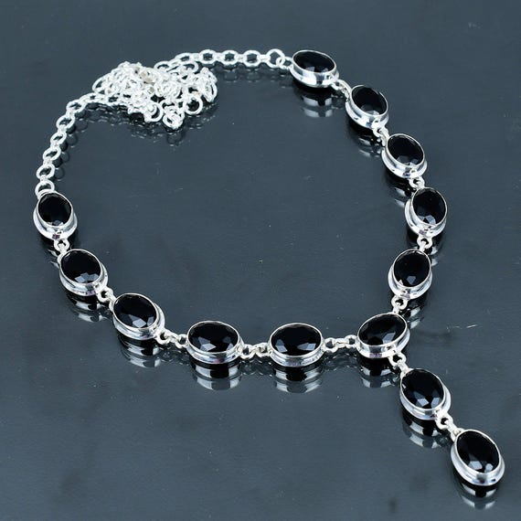 Faceted Black Onyx Necklace: Handmade Sterling Silver Adjustable Chain