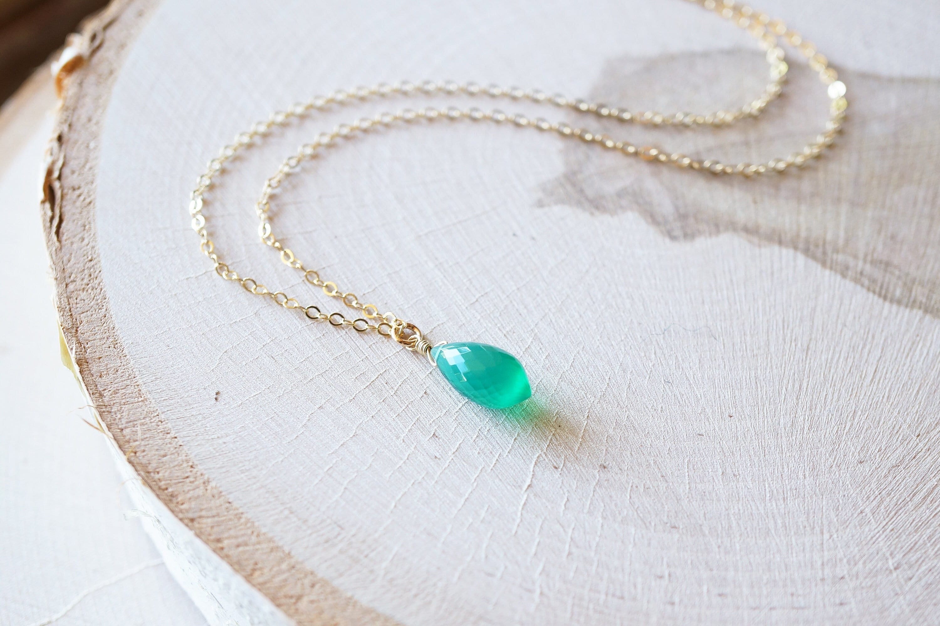 Gold, Green Onyx Briolette Necklace