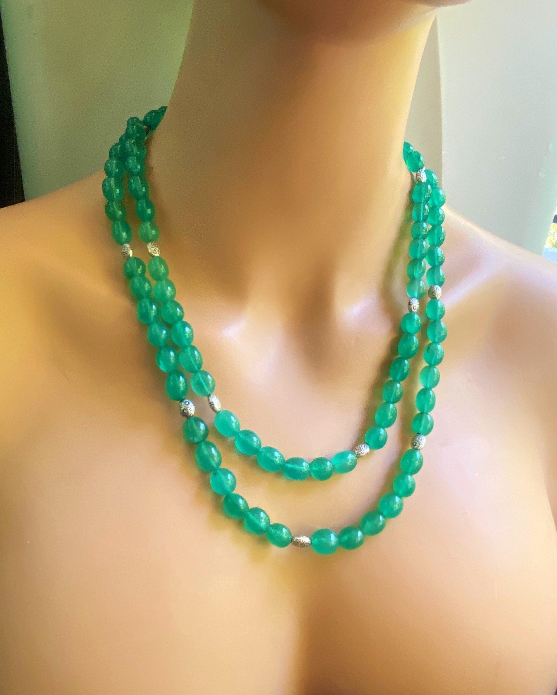 Green Onyx Necklace: Handmade Gemstone Double Strand Statement Jewelry