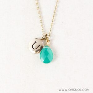 Green Onyx Initial Necklace: Sterling Silver, Hand Stamped Charm